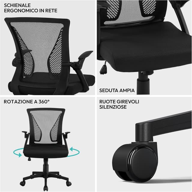 Thumbnail 6 de Yaheetech sedia da ufficio ergonomica con schienale in rete, lombare e braccioli ribaltabili (a ruote) nero