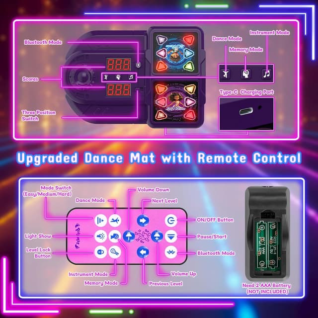 Thumbnail 6 de Surelect 2025 Rechargeable Light-Up Dance Mat (2-Player Face-to-Face, Bluetooth, 12 Buttons)