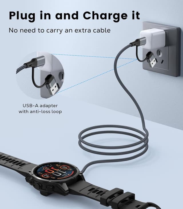 Detalle de MoKo 2-in-1 Charger Cable (2 Pack) for Garmin Watches – USB-C/USB-A adapters with right-angle TPE cable, Gray