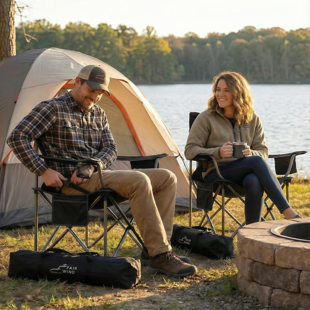 Detalle de FAIR WIND 2-Pack Fully Padded Oversized Camping Chairs with Adjustable Lumbar Support, Cooler Bag & Cup Holder (500 lbs Capacity)