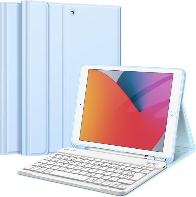 Detalle de FINTIE Tastatur Hülle für iPad 10,2 Zoll (9./8./7. Gen., 2019–2021) mit QWERTZ, TPU-Rückschale und Stifthalter – Himmelblau