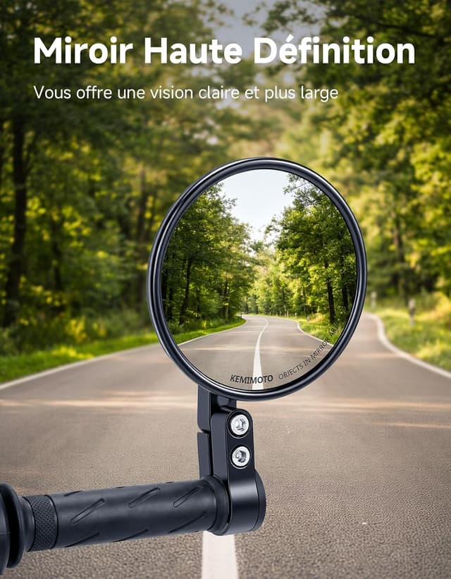 Detalle de Lot de 2 rétroviseurs moto homologués E24 KEMIMOTO CNC, pivotants 360° pour guidons filetés MR16 (bout du guidon)