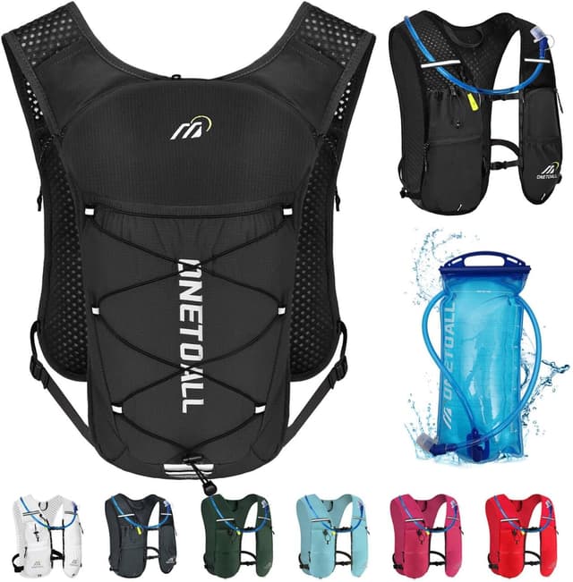 Detalle de ONETOALL Laufweste Damen Herren mit 2L Trinkblase und 500 ml Flasche (reflektierend, ca. 150 g, 6 l)