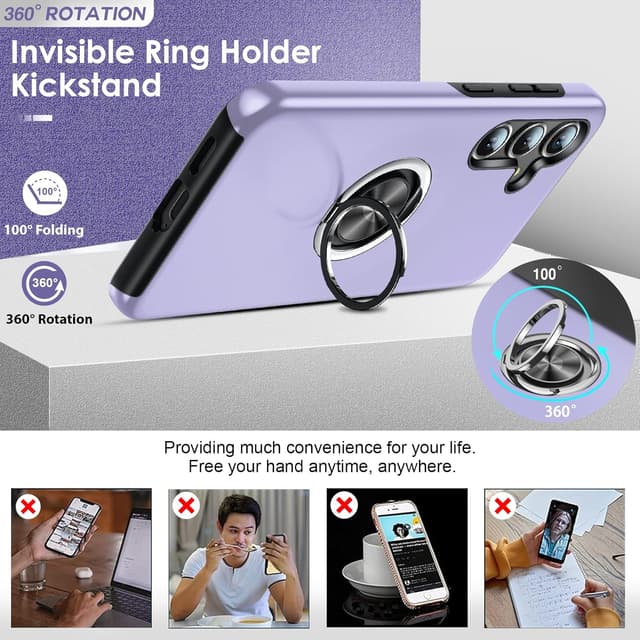 Detalle 2 de LeYi Samsung Galaxy S25 Plus phone case with 2 tempered glass protectors and invisible 360° ring holder (Purple)
