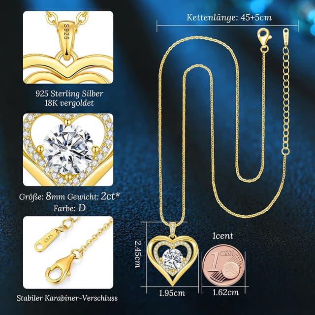 Detalle 2 de CDE Collana da donna con cuore in moissanite e argento 925: ciondolo per regali e occasioni speciali