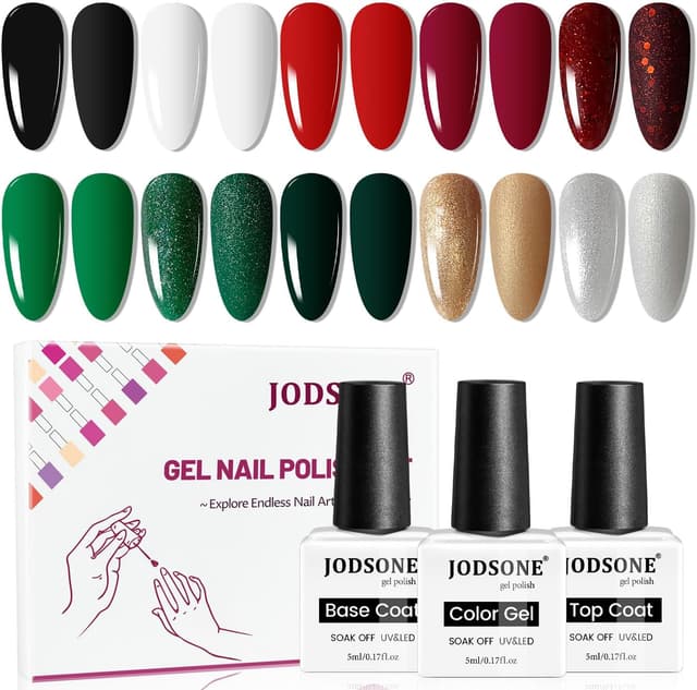 Detalle de JODSONE set smalto gel con glitter (10 colori) nero, rosso, verde e argento + base e top coat