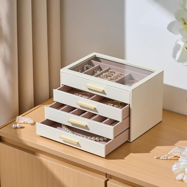 Detalle de pickpiff 4-Layer Jewellery Box Organiser Case with Glass Window (Ivory Leather, Pink Velvet)