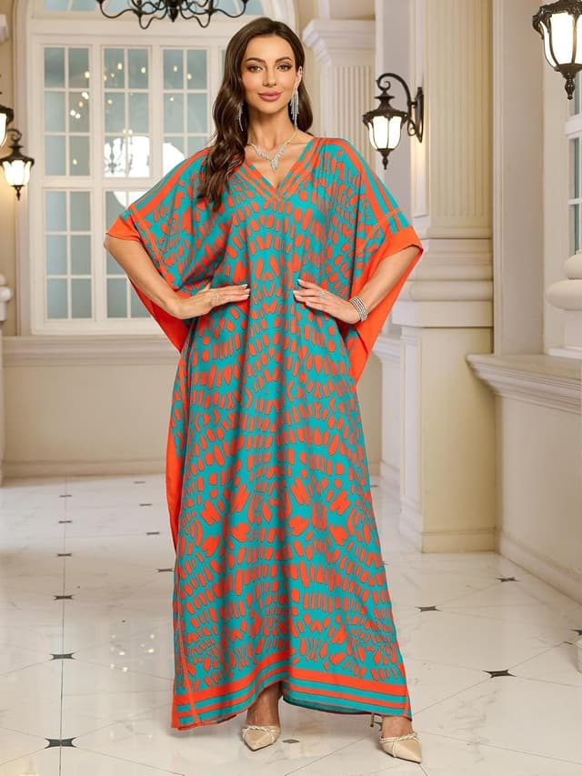 Detalle de Kaftan V-Neck Print Swimsuit Cover-Up Dress (One Size, Plus Size) for Beach & Lounge
