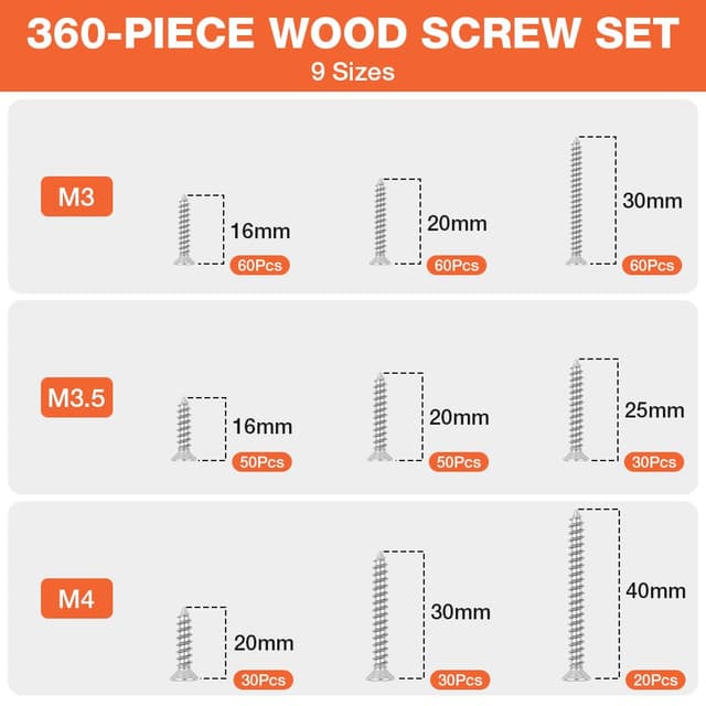 Detalle de Flintronic lot de 360 vis à bois autotaraudeuses à tête fraisée universelle M3/M3.5/M4 (16 à 40 mm) avec boîte PP