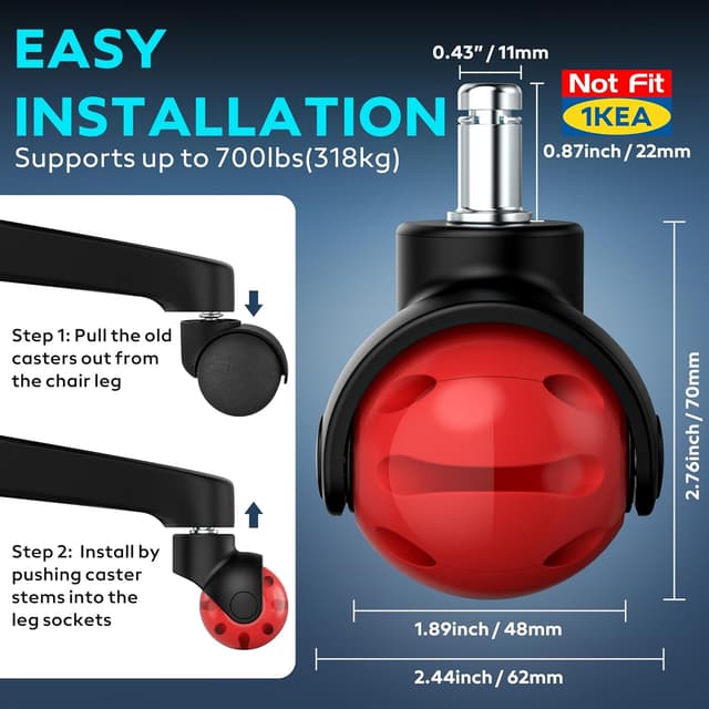 Detalle de WEWILL Kugel Bürostuhl Rollen 11×22 mm (5er Set) – 360° Allrichtungsrollen, leise & leichtgängig