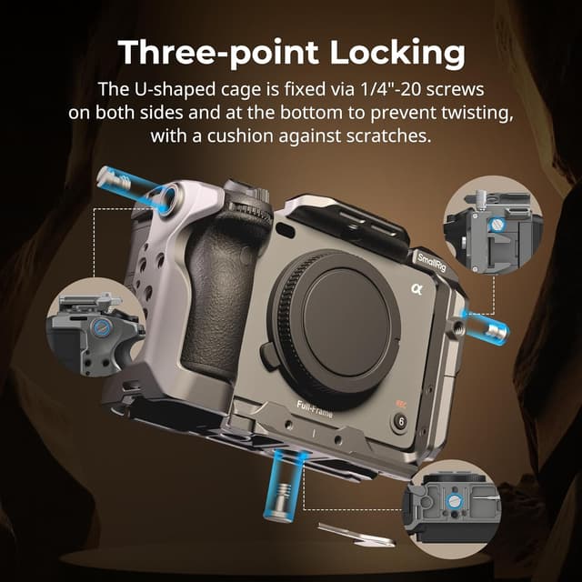 Detalle de SMALLRIG FX3 / FX30 HawkLock Schnellverschluss-Käfig-Kit (4771) – Handschlaufe, HDMI-Kabelklemme und NATO-Schiene für Sony