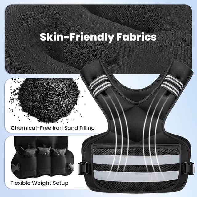 Detalle de Adjustable Weighted Vest (4-11 lb / 11-18 lb / 20-32 lb) with 6 Iron Sandbags, Storage Pockets & Reflective Stripes