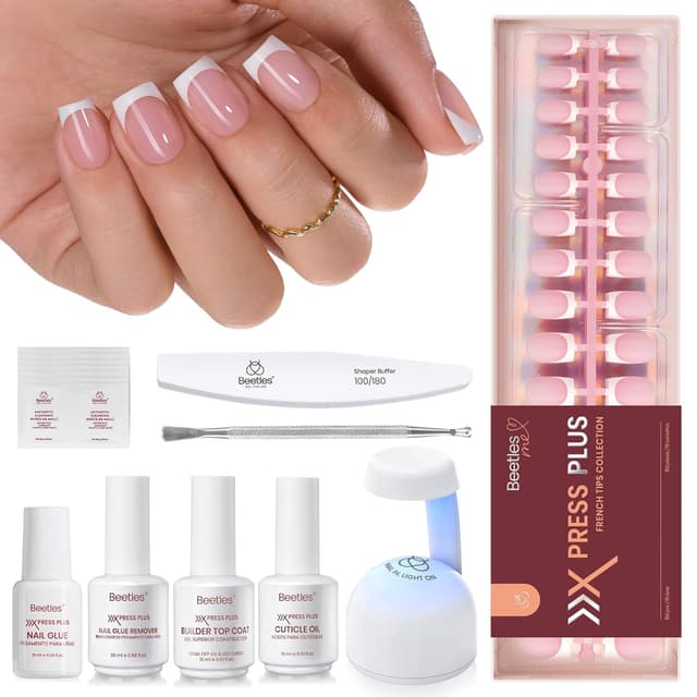 Detalle de Beetles X Press Plus Gel Nails Kit (Glow French) — 150 Press-On Nails in 15 Sizes + Mini Nail Lamp
