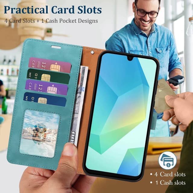 Detalle de GOTOURED Handyhülle für Samsung Galaxy A16 mit Klappfunktion, RFID-Blockierung, Kartenfächern, Magnetverschluss, Tragegurt und Ständer (Grün)