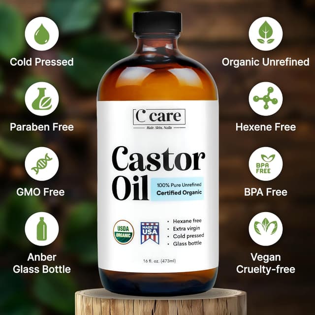 Detalle de 100% Pure Organic Castor Oil, Cold-Pressed Unrefined in Amber Glass Bottle (16oz) – Hexane Free USDA Organic