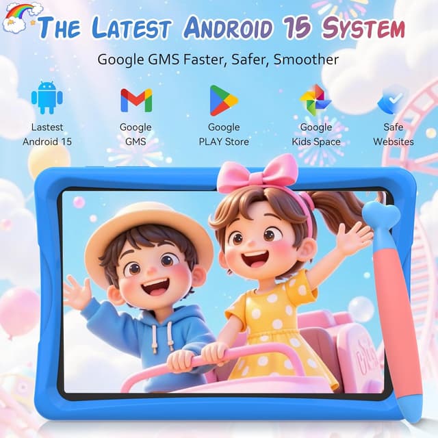 Detalle de TABWEE Kids Tablet 10 inch (Android 15) with Parental Control, 12GB RAM / 64GB ROM + 2TB expansion, includes case & stylus