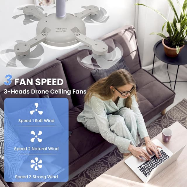 Detalle 2 de BomKra Ceiling Fan with Lights and Remote (3 Heads Drone Blade) – LED light fan with dimming and 3 speeds