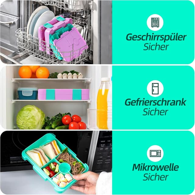 Detalle de QCQHDU Brotdose für Kinder mit 6 Fächern (Bento Box) – auslaufsicher, BPA-frei, spülmaschinenfest, blassrosa