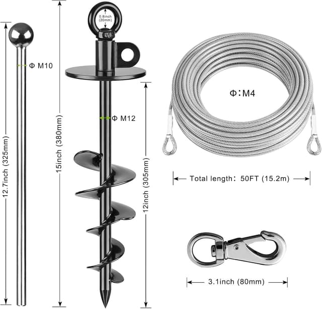 Detalle 2 de Dog Tie Out Cable and Stake – 50ft chew-proof stainless steel dog runner with 15" heavy duty anchor