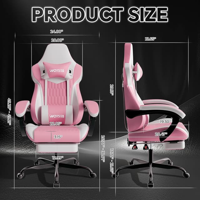 Detalle de WOTSTA Gaming Chair with Footrest, Lumbar Support and 135° Recline (Pink White)