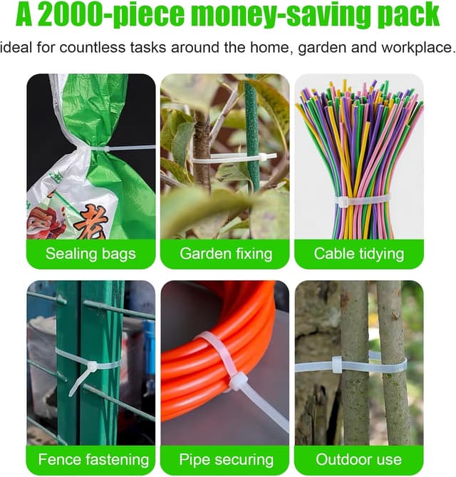 Detalle 2 de ABSupus White Cable Ties 2000-Pack (Assorted Sizes 100/200/250/300mm) Self-Locking Zip Ties