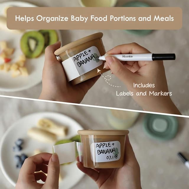 Detalle 2 de Moonkie 6er-Set Babybrei-Einfüll- und Einfrierbehälter aus Silikon (120 ml) – auslaufsicher für Gefrierfach & Mikrowelle