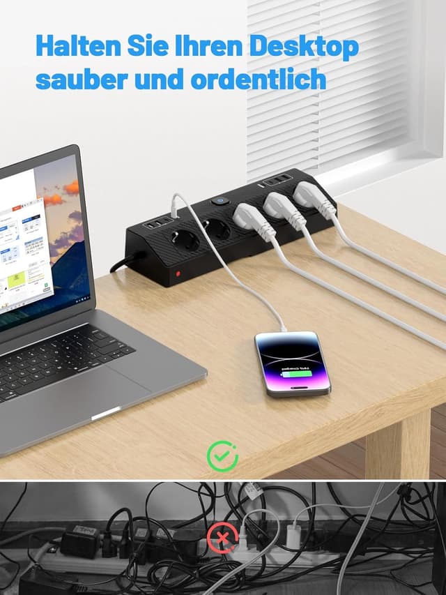 Detalle de PASSUS Tischsteckdose Steckdosenleiste mit Überspannungsschutz (4000 W / 16 A), 4 USB‑C & USB‑A, 2 m Kabel, schwarz