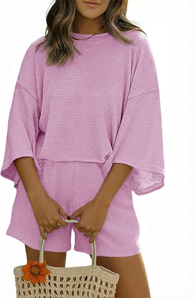 Thumbnail 6 de Tankaneo Women’s Waffle Knit 2-Piece Lounge Set: 3/4 Sleeve Top & Elastic Waist Shorts