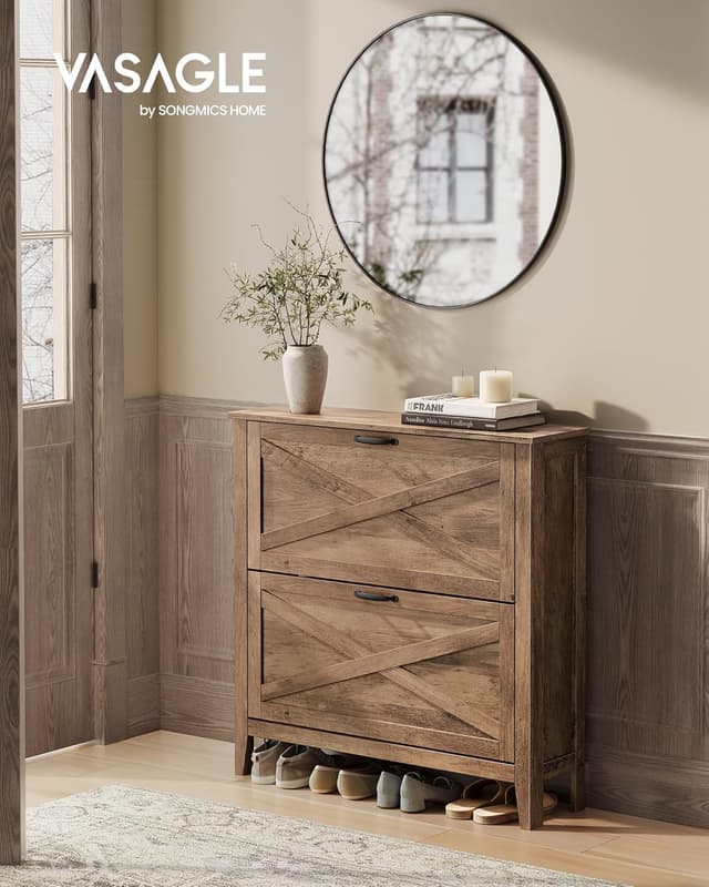 Detalle de VASAGLE LIRY HSC201K01 scarpiera slim a ribalta con 2 scomparti, stile farmhouse in marrone miele