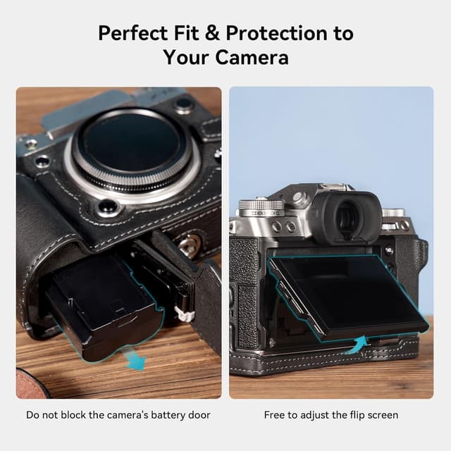 Detalle 2 de SMALLRIG X-T5 Half Case 3927 aus braunem Leder mit Handschlaufe und Auslöser für Fujifilm X-T5