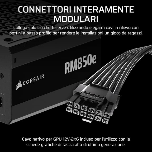 Detalle de Corsair RM850e (2025) — Alimentatore ATX completamente modulare 850W a basso rumore (ATX 3.1, PCIe 5.1)