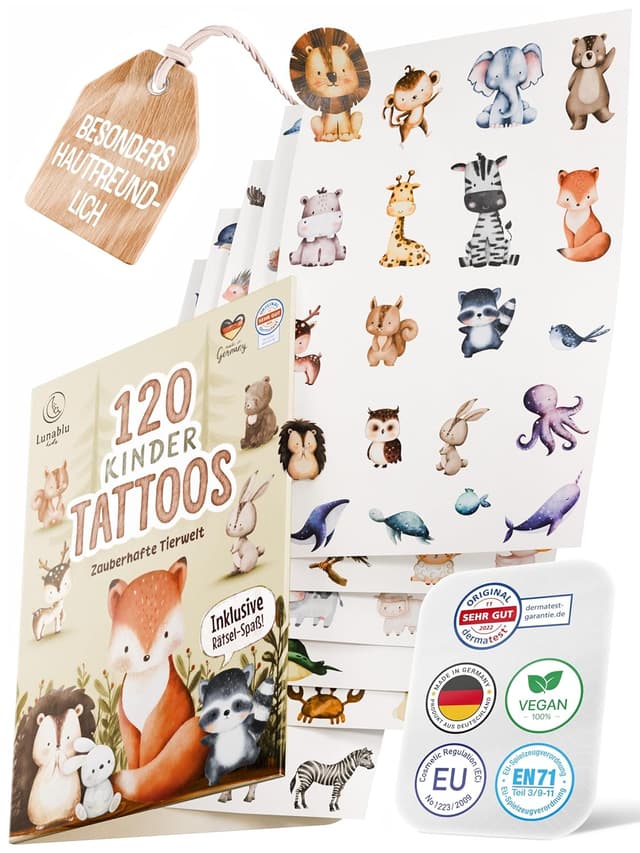 Detalle de Lunablu 120 hautfreundliche Kinder Tattoos (dermatologisch zertifiziert) – bunte Tier-Motive, Made in Germany