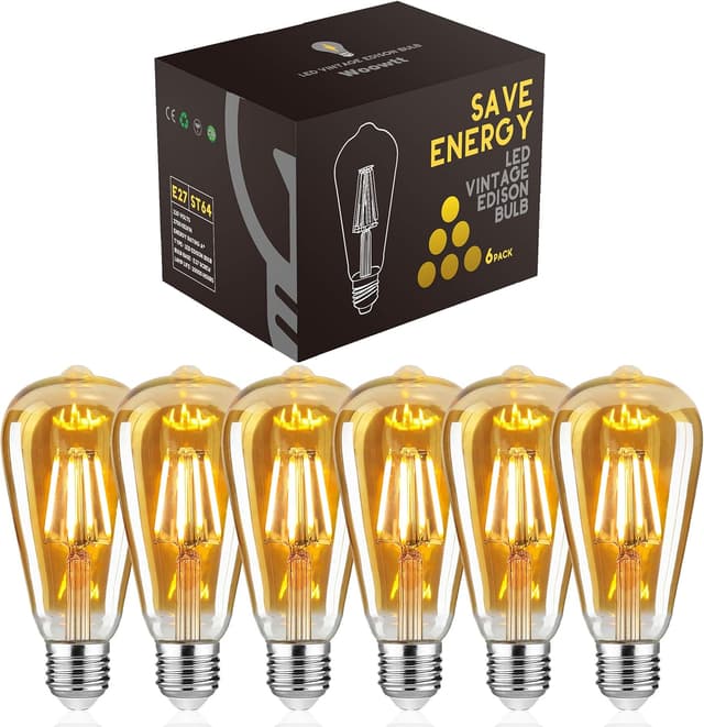 Detalle de Woowtt LED Edison Bulb ST64 4W E27 (2700K) Vintage Amber Glass, Dimmable, 6 Pack