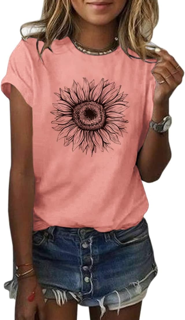 Detalle 2 de Cicy Bell Damen Sonnenblumen T-Shirt mit kurzem Arm – lässiges Grafikshirt für den Sommer