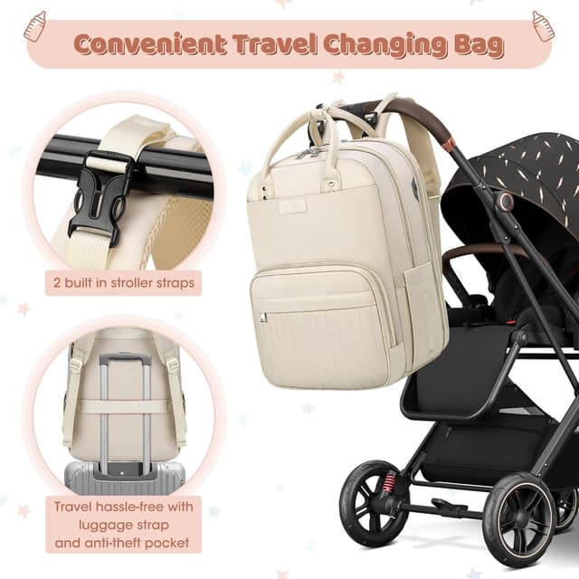 Detalle 2 de RAINSMORE Baby Wickelrucksack Groß – 3-teiliges Wickelset mit Kinderwagengurten, Wickelunterlage und wasserdichten Fächern (Aprikose)