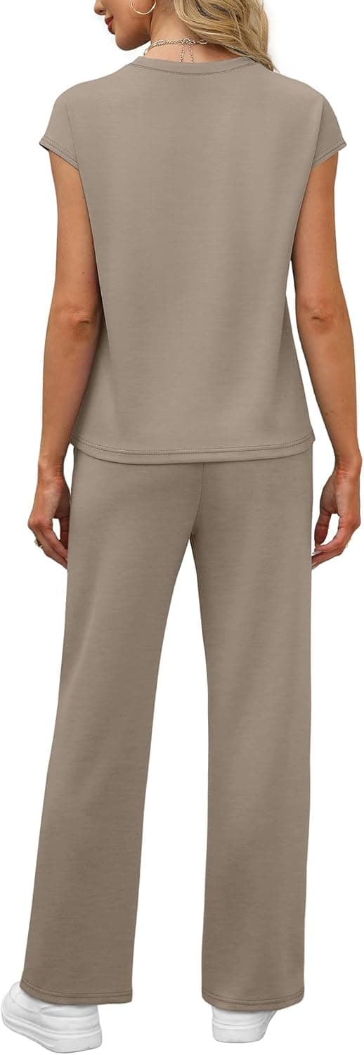 Detalle de WIHOLL 2-Piece Women’s Casual Summer Travel Lounge Set (Cap Sleeve Top + Wide-Leg Pants)