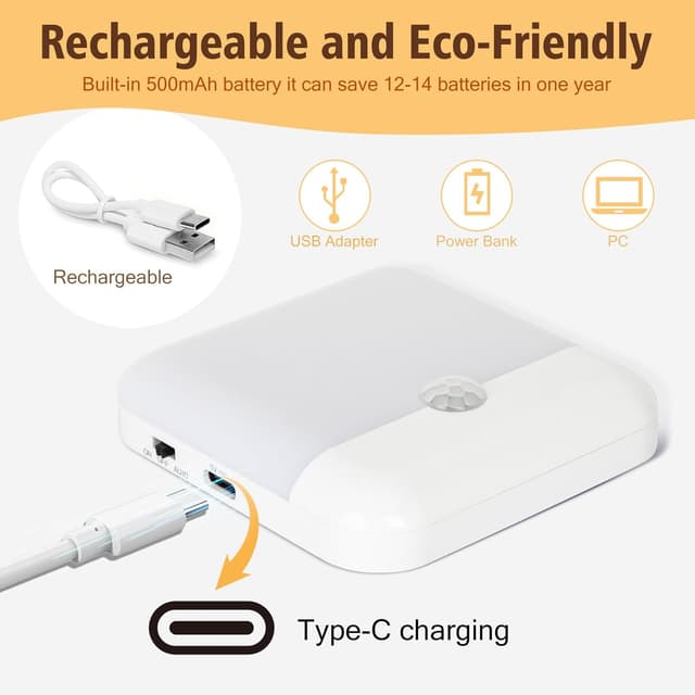 Detalle 2 de QIHANS Nachtlicht mit Bewegungsmelder (2 Stück), aufladbar per USB‑C, warmweiß 3000K