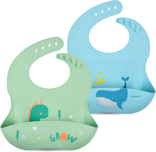 Detalle de Vicloon Bavaglini 3D in silicone senza BPA (2 pezzi) regolabili, impermeabili, con tasca per pappa