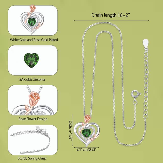 Detalle de LAVUMO Collier femme en argent sterling 925 et laiton, pendentif double cœur rose avec pierre de naissance