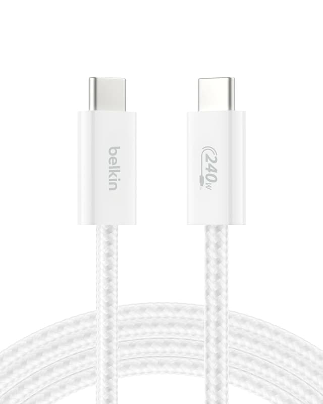 Detalle de Belkin USB-C to USB-C Cable (6.6 ft, 240W) — Soft Braided Charging Cord (White)