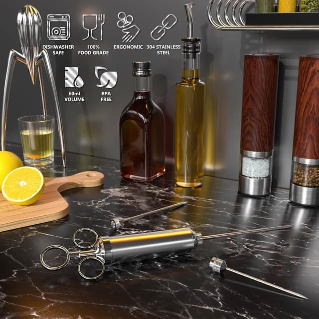 Thumbnail 6 de Nifogo Siringa da cucina in acciaio inox con iniettore di condimento, spintore a tre anelli e 3 aghi