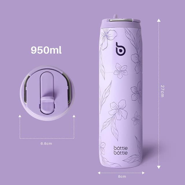 Detalle 2 de Bottle Bottle Insulated Water Bottle 950ml (32oz) with Straw Lid and Handle – Purple Bloom