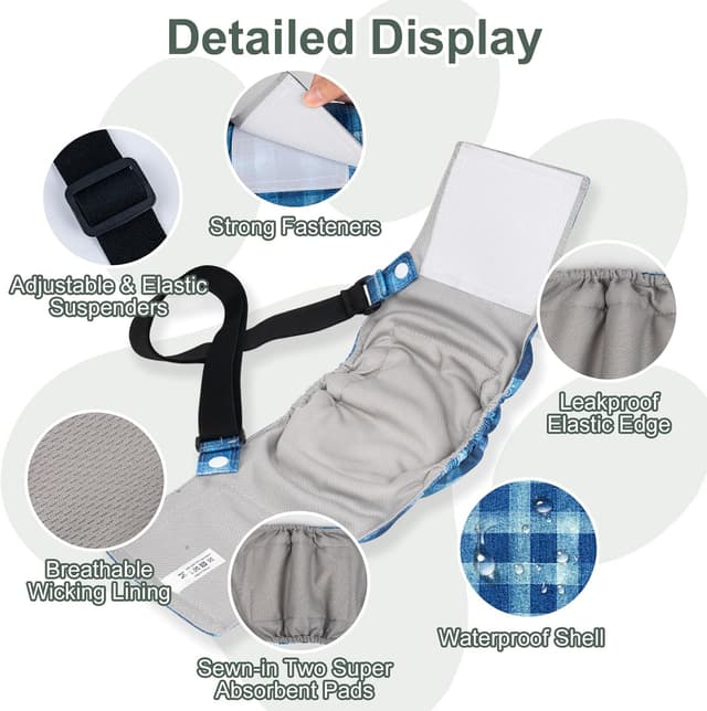 Detalle 2 de Dono Dog Nappies Male Reusable Belly Bands with Suspenders (Washable, Leak-proof) – XS to XXL