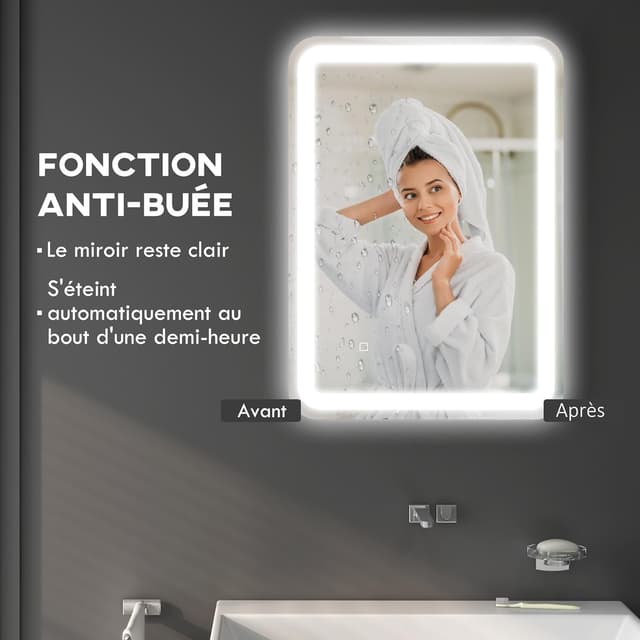 Detalle de HOMCOM Miroir de salle de bain LED 50 x 70 cm avec éclairage 3 couleurs, dimmable et anti-buée (IP44)