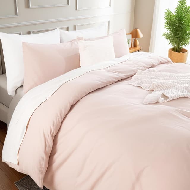 Detalle 1 de NEXHOME PRO Queen Linen-Look Washed Cotton Duvet Cover Set (Greyish Light Pink) with Zipper Closure