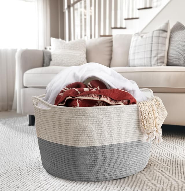 Detalle de Maliton Laundry Basket (Large, 55x35cm, 68L) Foldable Rope Woven Hamper in White & Grey