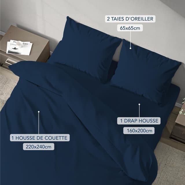 Detalle 2 de Dreamzie Parure de lit 160 x 200 (4 pièces) microfibre : housse de couette 240 x 220 + drap housse + 2 taies 65 x 65, certifiée Oeko-Tex
