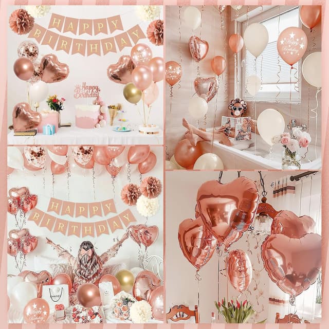 Detalle de Kit décoration anniversaire Rainllon or rose : bannière « Happy Birthday », ballons, pompons et arche