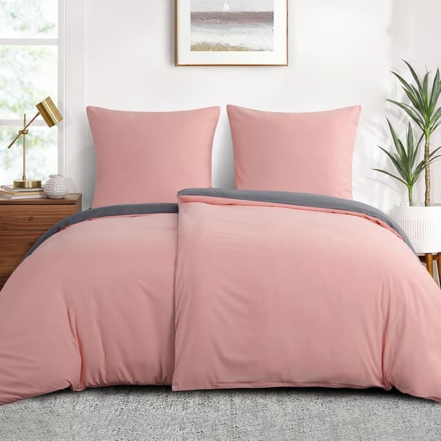 Detalle 2 de Aisbo Bettwäsche 135x200 4-teilig Rosa/Grau (Wendebettwäsche mit Mikrofaser) – 2 Bettbezüge + 2 Kissenbezüge