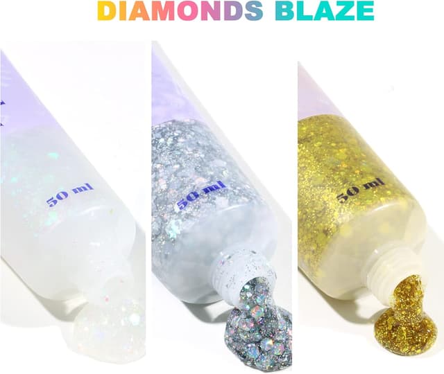 Detalle de URAQT Glitter Corpo, set da 3 gel glitter 50 ml (Bianco+Argento+Oro) per viso, unghie, occhi, labbra e corpo